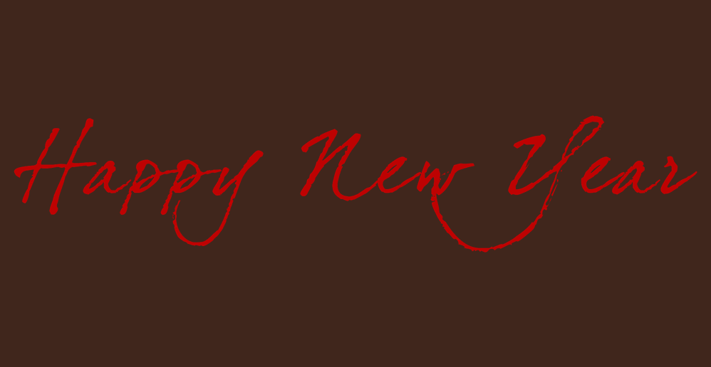 Happy New Year red cursive on brown background.