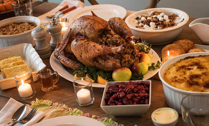 A full Thanksgiving turkey dinner with sides